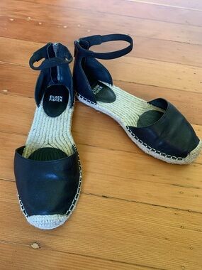 Eileen Fisher Black Leather Espadrille Ankle-Strap Flats 8.5